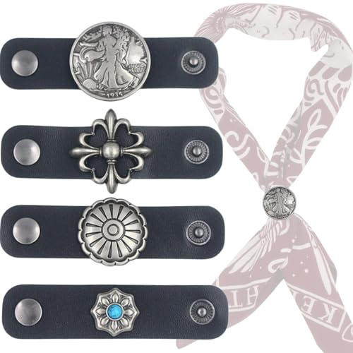 PEARLY JUN 4 Pcs Schwarz Western Bandana Schal Ring Halstuch Slide | Schnalle für Männer Frauen Seidenschal Cowboy Zubehör