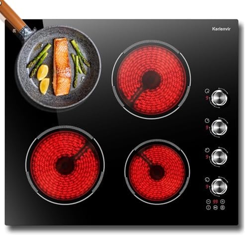 Karienvir 60CM Plaque Vitrocéramique 4 Feux avec Boutons et Minuteur