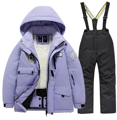 2026 Combinaison de ski pour enfant avec poche en polaire, veste, pantalon, coupe-vent, snowboard, unisexe, pour enfant, Noir , 14-16 ans