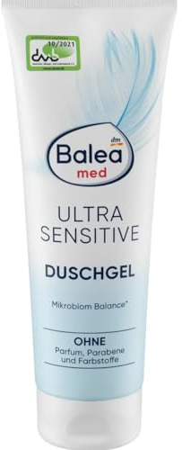 Balea med Ultra Sensitive Duschgel – Für empfindliche Haut – Ohne Parfum, Parabene & Farbstoffe – Mikrobiom Balance – Geeignet bei Neurodermitis
