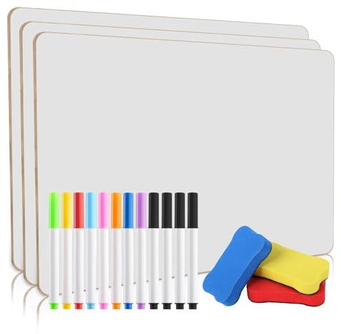 3 Pcs Tableau Blanc A4, double face, pour école, maison et bureau | Tableau blanc effaçable format A4 (29,7x21cm). Inclut 12 marqueurs et 3 effaceurs. Idéal pour apprentissage et réunions.