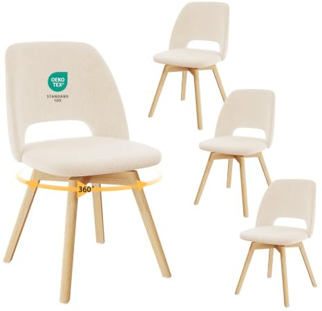 JIJIAN 360° Esszimmerstühle Drehbar 4er Set, Polsterstühle mit Buchebeinen | Drehstuhl Esszimmer, Küchenstuhl Drehbar, für Wohnzimmer, Schlafzimmer, Arbeitszimmer, Empfangszimmer, Beige