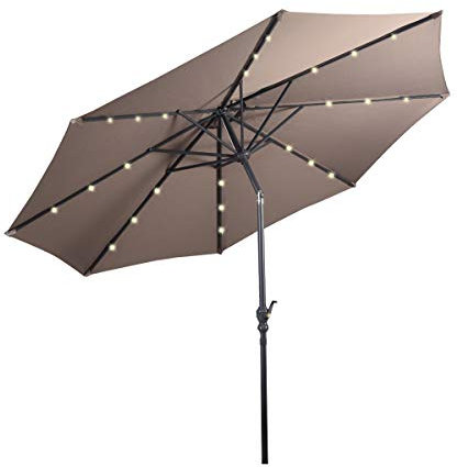 GOPLUS Parasol de Jardin Exterieur 2,7M, Parasol Inclinable 6 Baleines, Lumineux Solaire 18 LED, Manivelle, Anti-UV, Grand Parasol en Métal pour Plage Balcon Patio, Base Non Incluse (Café)
