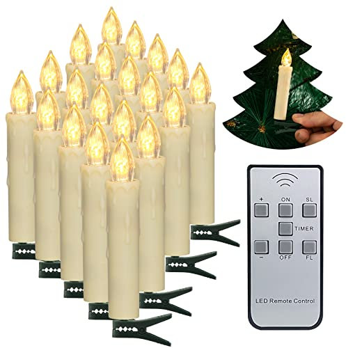 Candele per alberi di Natale, PChero 20 pezzi LED Candele coniche a batteria senza fiamma con timer remoto/Clip rimovibili/Anelli impermeabili per la decorazione degli alberi di Natale di casa