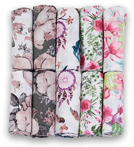 FENSILO - Mulltücher - Mullwindeln - 10er Pack 70x80 cm - Stoffwindeln, MADE IN EU, schadstoffgeprüft - Spucktücher Set für Mädchen – Baby Mullwindeln- Rosa – Blumen- OEKO-TEX zertifiziert