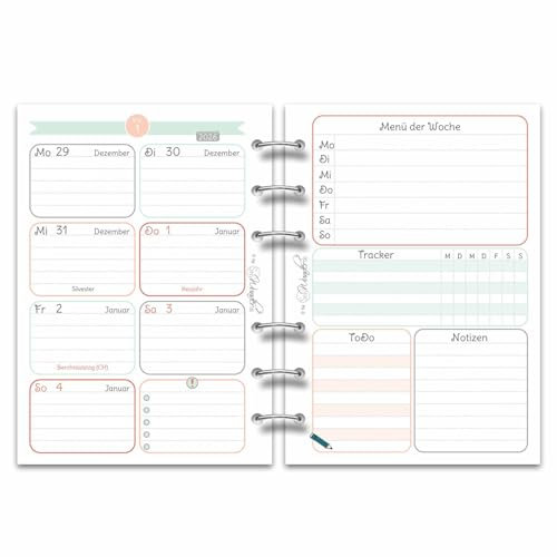 SinnWunder® Premium Wochen-Kalendereinlagen 2026-1 Woche auf 2 Seiten - Größe echtes Din A6 (10,5 x 14,8 cm) - Moterm-Lochung - HappySinn