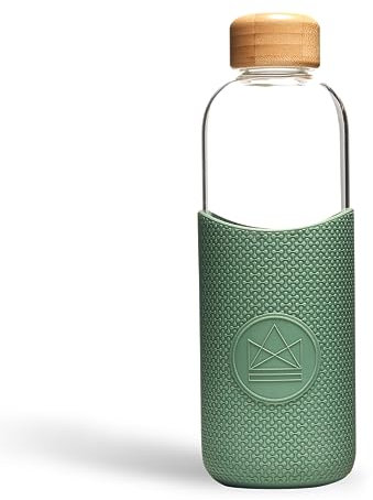 Neon Kactus Glass Water Bottle | Clear Water Bottle with Bamboo Lid and Silicone Sleeve | Reusable Glass Bottle for Hot & Cold Drinks | Leakproof, Non-Permeable, Non-Slip | Happy Camper, 1000ml