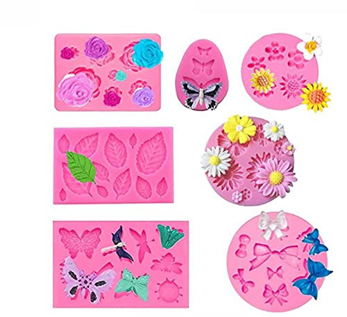 TROYSINC 7 Stück Silikon Fondant Kuchen Formen 3D Rosen Blumen Silikonformen Blätter Silikonform Schmetterlinge Silikonform 3D Silikon Backform für Kuchen-Fondant Dekorieren Backenwerkzeuge