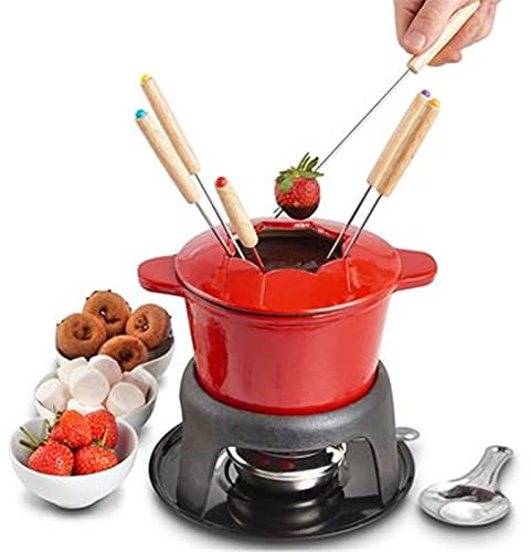 ChengBeautiful Chocolate Fondue Pot Cast Iron Fondue Set With Red Fondue Pot 6 Fondue Forks Fondue Burner And Fondue Pot Base (Color : Red, Size : 16x22cm)