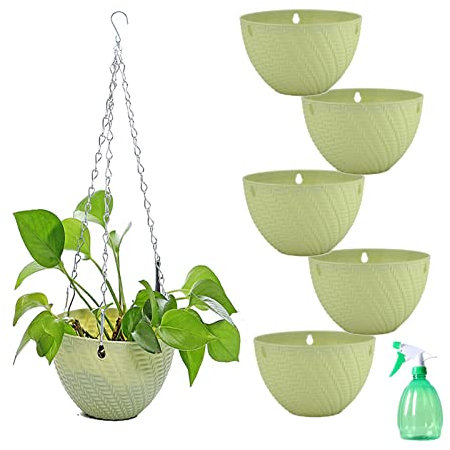HSNAXingLife 6-teiliges Blumenampel Set,Kunststoff Hängekorb,blumenampeln zum aufhängen innen,Blumenampel Seil Pflanzenhänger(grün)