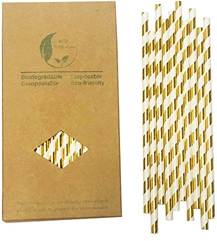 Pailles à Rayures Dorées, Lot de 100 Biodégradables Doré Rayures Pailles en Papier pour Boire des Cocktails, Mariage, Fête, Bricolage,