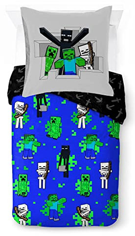 Jay Franco Minecraft Fight Back 100% Baumwolle Kinderbettwäsche-Set 135x200 cm Einzelbettgröße - Bettbezug + Kissenbezug 80x80 cm
