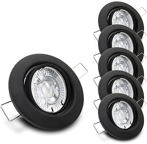 trendlights24 Decora Decken Einbaustrahler flach 35 mm 230V 5er Set - LED Spots je 5W Neutralweiß 400lm austauschbar - Schwarz matt schwenkbar 68 mm