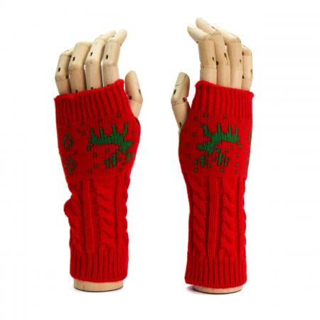 Knitted Fingerless Mitten Style Gloves Christmas Reindeer Design - Red