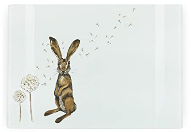 Hares Small Glass Chopping Board Worktop Saver - Painted Hares & Dandelions by Rhiannon Chauncey - Textured Kitchen Chopping Cutting Board Worktop Protector with Non-Slip Feet 28.5cm x 20cm (11 x 8)