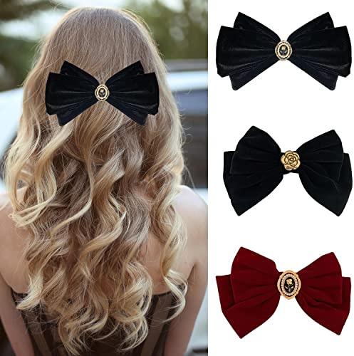MEISO 3 pezzi fiocchi per capelli, accessori per capelli, fermagli per capelli, da donna, grandi fermagli in velluto, vintage, francesi per donne e ragazze (rosso, nero)