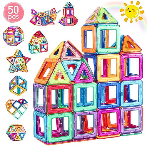aaczly Construction Magnetique Enfant 50 Pièces Blocs de Construction Magnétiques Enfants Educatif Jeux Cadeaux pour Enfants à Partir de 3 4 5 6 7 an