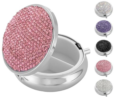 Zingso Bling Klein Pillendose Für Unterwegs, Strass Pille Fall für Frauen Mädchen Fischöle Vitamine Medizin, Metall Tragbare Pillendose Organizer für Geldbörse, Tasche, Reise (Bling Rosa)