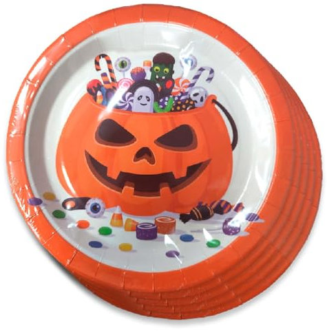 Tradineur - Paquete de 24 Platos de Halloween - Diseño Calabaza - Fabricado en Papel -Apto para Uso alimentario - Ø 23 cm