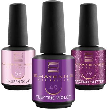 SHAYENNE UV Nagellack Set -MADE in GERMANY 3 Stück - 53 Frozen Rose Rosa 15 ml - 49 Electric Violet Lila - 79 Magenta Glitter 15ml Gel Farblack Gellack Nagel Lack Nail Polish Nagelgel
