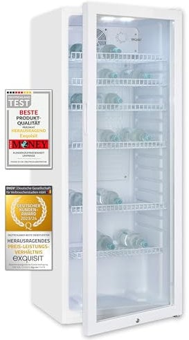 Exquisit Glastürkühlschrank GKS240-GT-160C weiss | Nutzinhalt: 237 L | Türschloss | 6 Gitterablagen | Umluftventilator | Standgerät