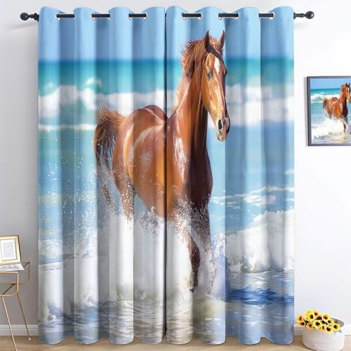 Generisch Vorhang Strand Tiere Pferd B75 x H166cm Blickdicht Gardinen Thermovorhang mit Ösen, Modern Verdunklungsvorhang 2er Set für Wohnzimmer Schlafzimmer Kinderzimmer Büros