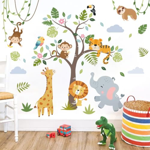 Runtoo Wandaufkleber mit Dschungeltieren, Waldtier, Affenbaum, Wandkunst, Aufkleber, Kinderzimmer, Kinderzimmer, Geburtstag, Party, Dekoration, Klassenzimmer