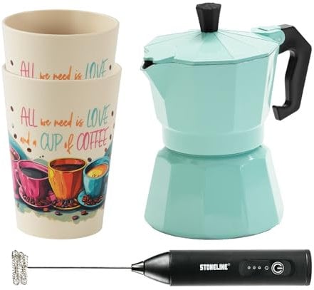 STONELINE Espressokocher Induktion aus Aluguss 170 ml, 4 Tassen, für alle Herdarten, Italienischer Kaffeekocher Moka Mokkakanne Induktionsgeeignet, Set mit Becher & Milchaufschäumer, Mint