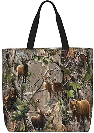 DNBCLEZK Schultertasche für Jagd, Hirsch, Bär, Elch, leicht, Polyester, große Tasche, Shopper mit trendigen Drucken, Uni, für den täglichen Gebrauch, für Damen und Herren (mehrere Muster-Designs),