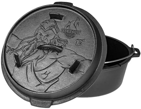 Feuergott Dutch Oven 6 l sans pieds – Casserole en fonte pour pain, rôti, four, cuisinière, induction, cocotte pour cuisine familiale, barbecue, casserole, grandes portions, cuisson, barbecue, cocotte