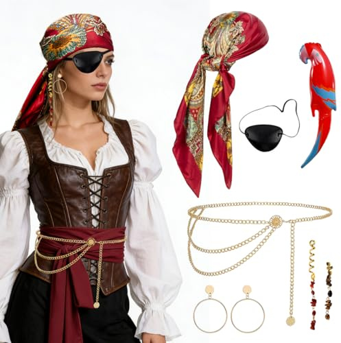 GTJEOI Mittelalter Piratenkostüm Zubehör Set, 7 Stück Piraten Accessoires Set, Piraten Verkleidung Accessories mit Kopftuch Gürtel Augenklappe Ohrringe Halskette Armband für Karneval Cosplay