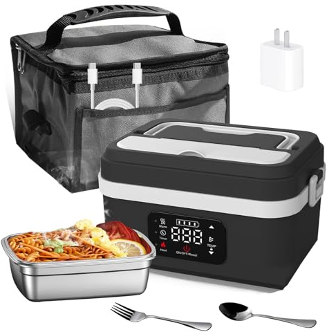 Cordless Electric Lunch Box, 1L Battery Powered Heated Lunch Box with Stainless Steel Container, Touch Screen & Adjustable Temperature, Portable Rechargeable Food Warmers for Work School Travel