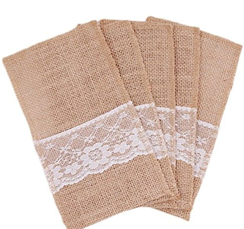 Yulakes 30 Stück Natur Jute Spitze Besteck Messer und Gabeln Besteck Halter Tasche Set Bestecktasche Halter Party Hochzeit Dekor