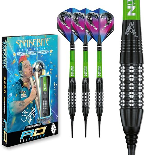 Peter Wright Snakebite Black Strike 20g Fassgewicht, 22g Gesamtgewicht Softip Tungsten Darts mit Flights und Schäfte