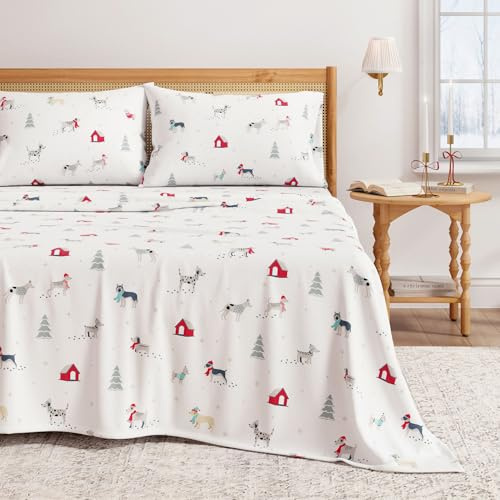 Great Bay Home Christmas Flannel Sheet Set Queen Size - 100% Turkish Cotton, Double-Brushed, Winter Bed Sheets - Ultra-Soft, Cozy, 4-Piece Holiday Bedding Set (Pups in The Snow)