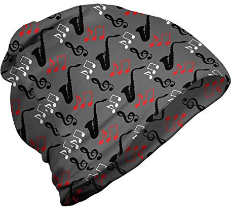 ABAKUHAUS Jazz Musik Unisex Beanie, Hinweise Clef Saxophon, Wandern im Freien, Grau, Schwarz, Rot