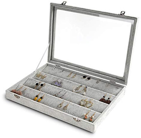 Frebeauty Ohrring Organizer Tablett mit klarem Deckel 64 Slots Samt Schublade Einsatz Ohrring Aufbewahrungsbox mit Glasdeckel Schmuck Vitrine Store Geschenke für Mädchen Frauen(Grau, Ohrringe)