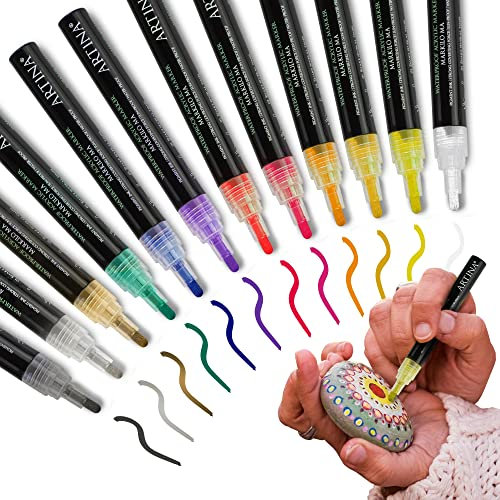 Artina 12tlg Acryl Marker Set wasserfest Acrylstifte für Steine Glas Leinwand Keramik Holz – extra dicke Acrylmarker Steine bemalen Wasserfeste acryl stifte Filzstifte – acrylic paint marker