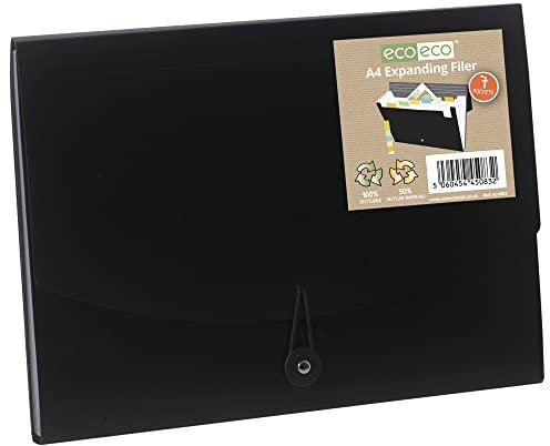 Eco-Eco A4 50% Recycled 7 Clear Pocket Black Cover Accordion Expanding File Organizer - Eco-Friendly Document Folder with Printed Index Tabs -for Office Organize Papers, Receipts, Documents - eco083