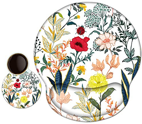 newplenty Mauspad,Mousepad Mit Handauflage, Mauspad Mit Gelkissen,Ergonomisches Mousepads Mit Untersetzer für Computer, Laptop (Blume auf weißem Hintergrund)