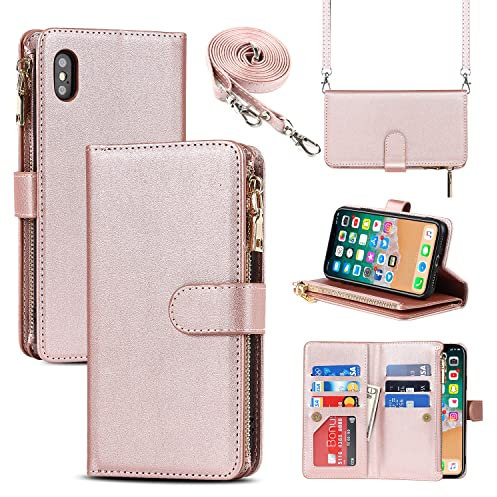 Cavor Crossbody iPhone XS Max Case With Card Holder With Strap,Flip Leather Wallet Case,[9 Card Holder] Zipper Detachable Lanyard Phone Case Cover for Women for iPhone XS Max - Rose Gold