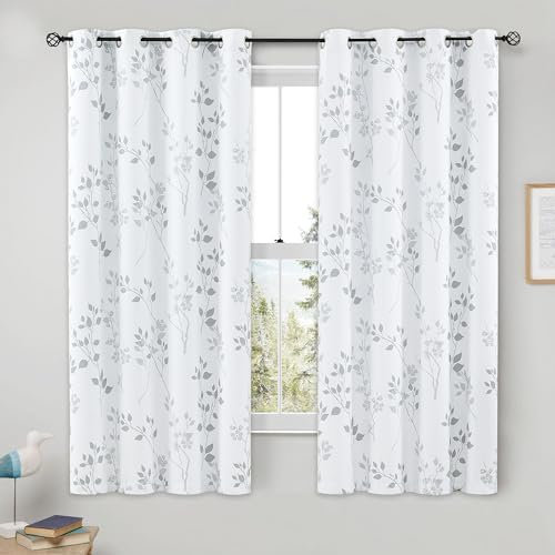 Beauoop Grey Floral Blackout Curtains for Bedroom Living Room 54 Inch Drop Leaf Print Eyelet Curtain Botanical Thermal Insulated Noise Reducing Drapes Window Treatment Sets 2 Panels