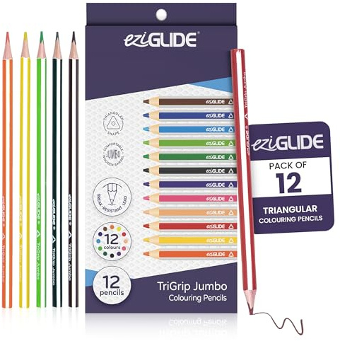 Eziglide Jumbo TriGrip Colouring Pencils, Pack of 12 Triangular Pencils | 12 Assorted High-Pigment Colours with Break-Resistant Super Bonded Lead, Improves Children's Grip, Comfort & Control
