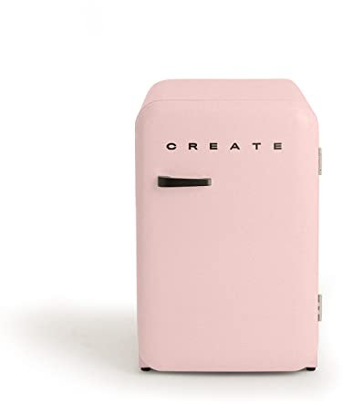 CREATE / RETRO FRIDGE 83.5 BLACK/Kühlschrank in Pastellrosa, Griff Schwarz / 98W, niedriger Verbrauch, 2 Ablagen, Temperaturregler, Flaschenhalter, 56x54x84cm