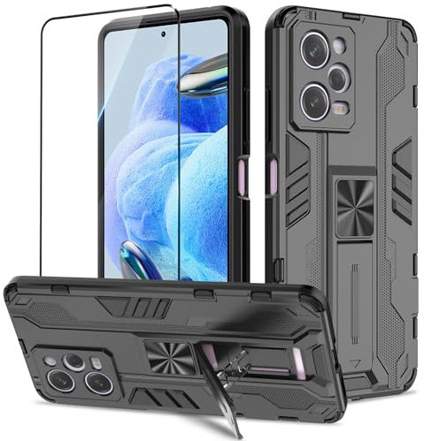 Btstring Funda para Xiaomi Redmi Note 12 Pro 5G / Xiaomi Poco X5 Pro con Cristal Templado Protector Pantalla, Carcasa Protectora Antigolpes con Soporte Reforzado- Negro