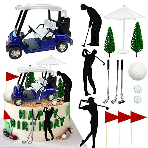 Golf Cart Cake Toppers: Blue Cake Topper with Flag & Ball for Theme Golfing Parties