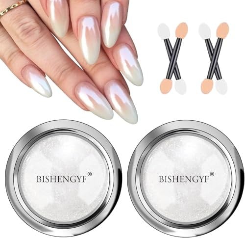 BISHENGYF White Pearl Chrome Nail Powder - 2 Pcs Mirror Effect Aurora Magic Pearlescent Nail Jewelry Mirror Glitter Nail Chrome Powders Holographic Pigment, Mermaid Pearl Aurora Dust Nail Powder
