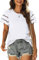 KCatsy Women Summer Top Cotton Hollow Trim Short Sleeve Pull-On Crew-Neck T-Shirt Solid Colour Plain Blouse Openwork Shirt A White L 12