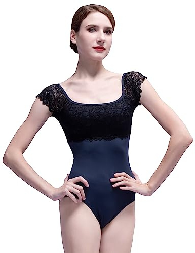 s.lemon Damen Kurzarm Balletttrikot Dehnbar Ballett Tanz Body mit Spitze Blu 170