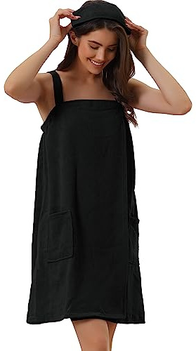 cheibear Damen Bademantel Kleid Frottee Saunakilt Saunatuch mit Tasche und Klettverschluss Spa Dusche Handtuch Bademantel Schwarz XL